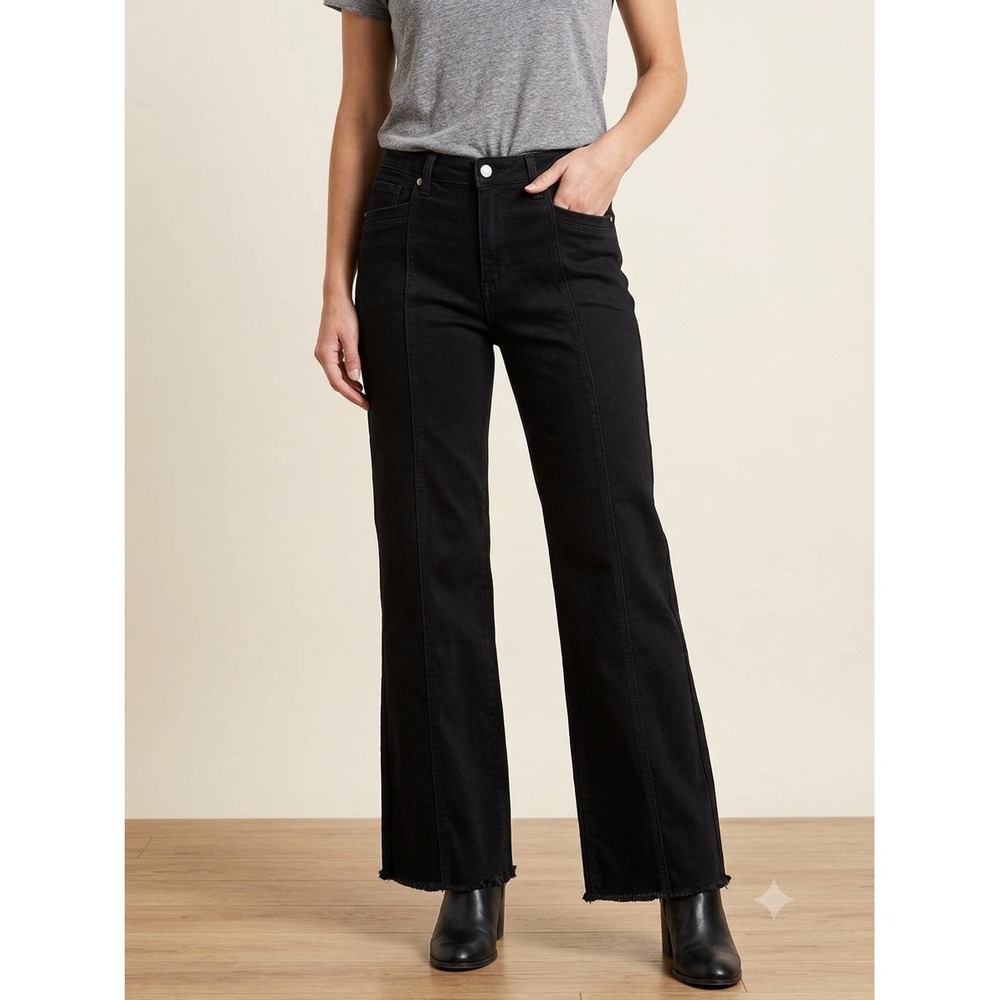 Judy Blue Retro Wide Leg Jeans Black High Rise Raw Hem Seamed Front 15